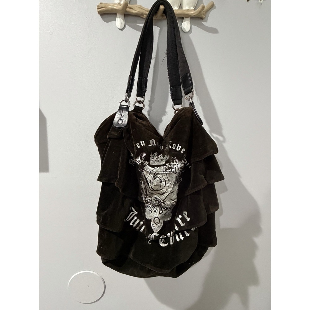 Juicy Couture Black Velour Ruffle Tote Bag Gothic Logo Crown Shoulder Bag Y2K Y